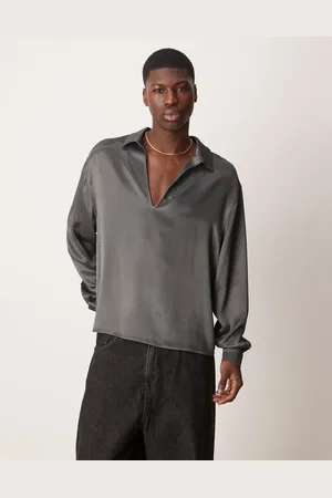 ASOS Long sleeve satin shirt with deep v in charcoal