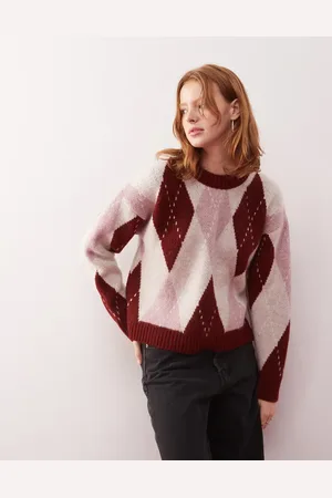 Reclaimed Oversized argyle knitted jumper in red and pink