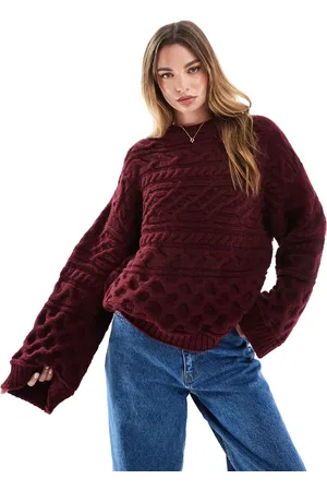 ASOS 3D cable knit jumper with wide cuff in burgundy