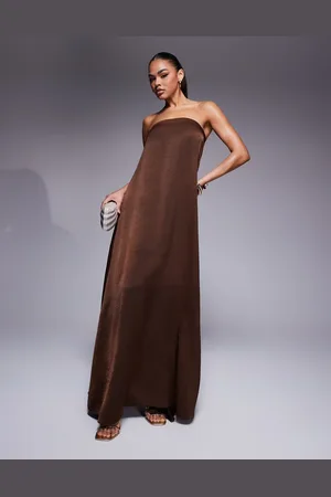 ASOS Bandeau trapeze satin maxi dress in chocolate