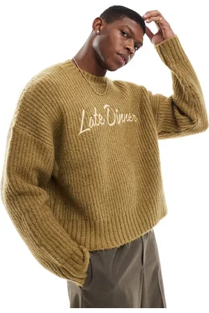 Bershka Knitted graphic jumper in olive