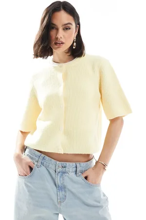 Pieces® Soft knit short sleeve cardigan in pale banana