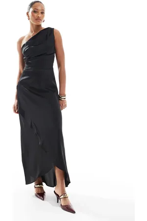 TFNC Bridesmaid one shoulder satin maxi dress in black