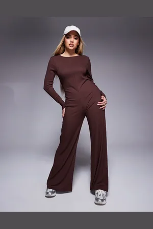 ASOS Ribbed long sleeve seam detail wide leg jumpsuit in