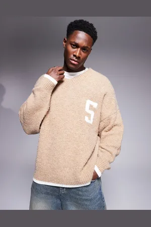 ASOS Oversized boxy fit textured knitted v neck jumper with chest pattern and tipping in beige - BEIGE