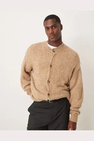 ASOS Relaxed boxy fit textured knitted crew neck cardigan in beige - BEIGE