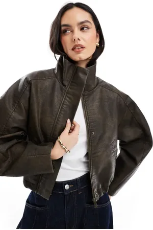 ASOS Funnel neck textured leather look bomber jacket in