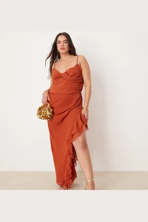 ASOS ASOS DESIGN Curve draped crinkle maxi dress with ruffles and strappy details in rust