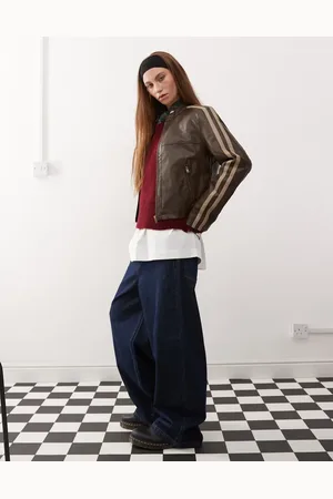 Reclaimed Leather look biker with stripes in washed