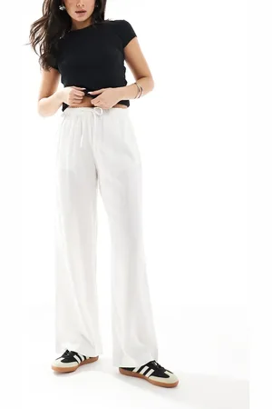 Bershka Tie waist wide leg linen trousers in