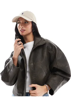 ASOS ASOS DESIGN Petite funnel neck textured leather look bomber jacket in