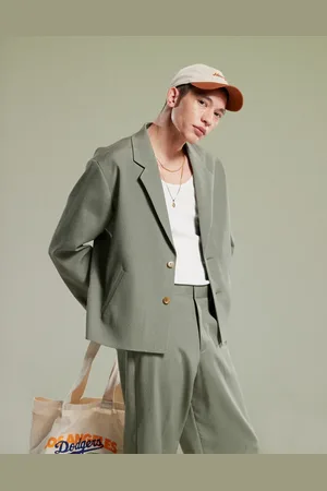 ASOS Ribbed boxy cropped suit jacket in olive
