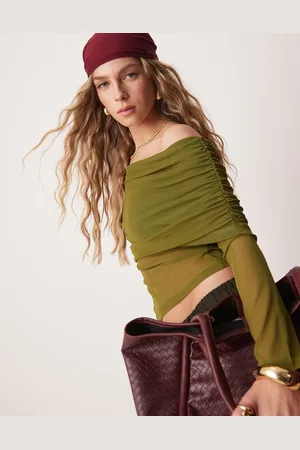ASOS Extreme foldover mesh asymmetric long sleeve top in olive