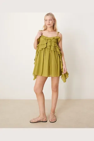 ASOS Scoop neck ruffle mini dress with tie straps in green