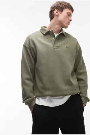 Lacoste Oversized sweatshirt in khaki with polo button up neckline