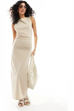 ASOS Boat neck maxi dress with ruched sides in stone - STONE
