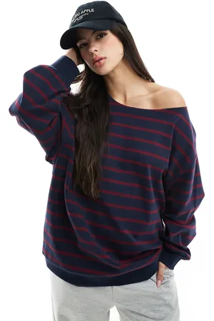 ASOS Off shoulder sweatshirt in burgundy and navy stripe design