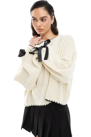 Miss Selfridge Satin bow cuff blanket stitch knit jumper