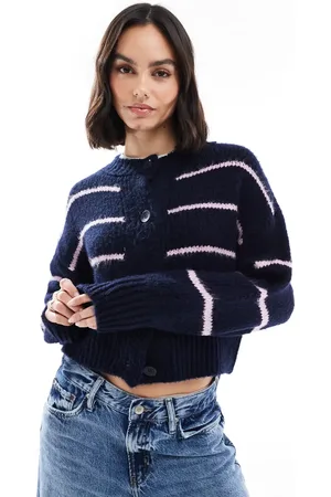 ASOS Crew neck loose knit cardigan in navy and lilac stripe