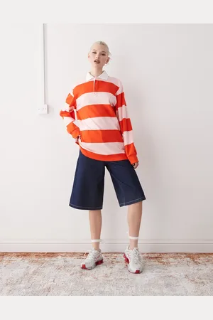 Monki Oversized long sleeve rugby top in and red stripe