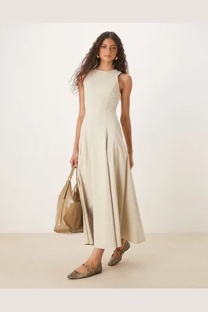 ASOS Bengaline sleevless corset waist midi dress in stone