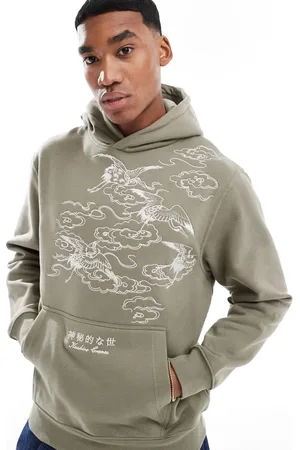 River Island Oversized embroidered crane hoodie in khaki