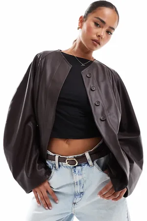 ASOS Collarless faux leather blazer with extreme sleeves in chocolate