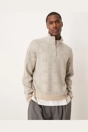 ASOS Oversized half zip check knitted jumper in stone