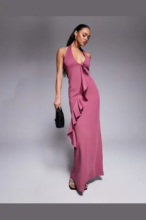 ASOS Scuba plunge maxi dress with ruffle front detail in mulberry