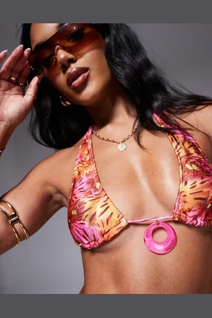 Candypants Abstract print halter bikini top in with bead detail