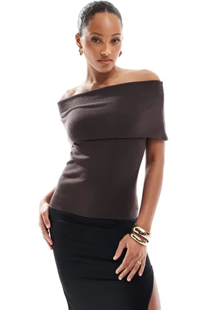 4th & Reckless Deep foldover bandeau longline knitted top in chocolate