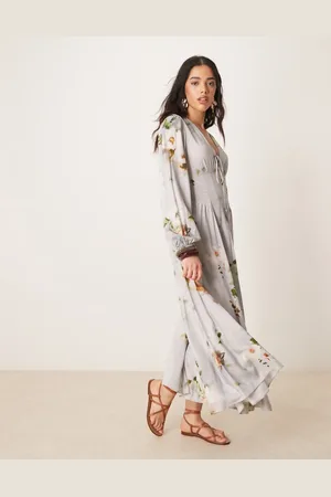 ASOS V-neck long sleeve midi dress with tie front detail in blue floral