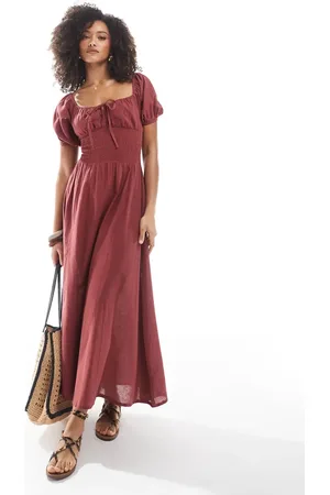 Esmée Esmee Exclusive puff sleeve tie front maxi beach dress in marsala