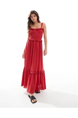 Esmée Esmee Exclusive shirring maxi beach dress with ruffle trim in