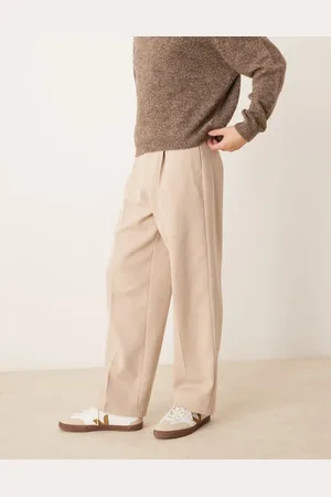 ASOS Smart wool mix wide leg trousers with front pleat in stone herringbone