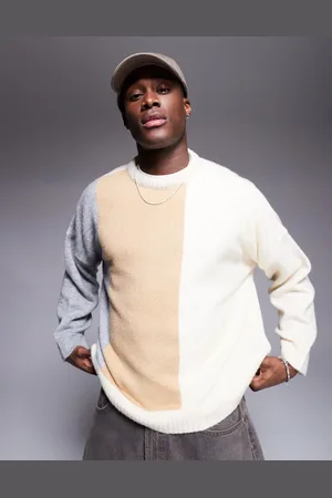 ASOS Super oversized boxy fit crew neck knitted jumper in beige colour block