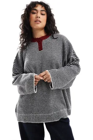 ASOS Oversized henley knitted jumper in stripe with contrast placket