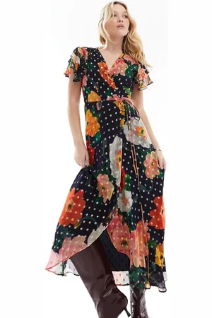 HOPE & IVY Frill sleeve midi wrap dress with tie waist in print