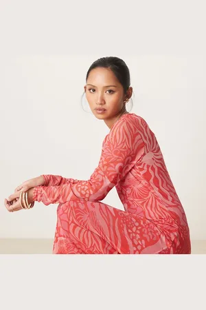 Never Fully Dressed Petite long sleeve mesh midaxi dress in red and