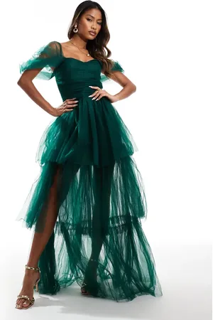 Lace & Beads Off shoulder tulle high low maxi dress in emerald