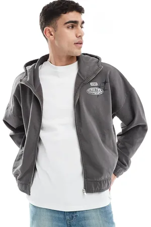 Pull&Bear Zip through STWD hoodie in charcoal