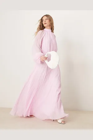 ASOS Crinkle pleat blouson sleeve high neck maxi dress in light pink