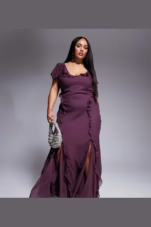 ASOS ASOS DESIGN Curve flutter sleeve ruffle godet maxi dress in aubergine