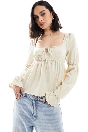 Miss Selfridge Long sleeve milkmaid peplum top in natural