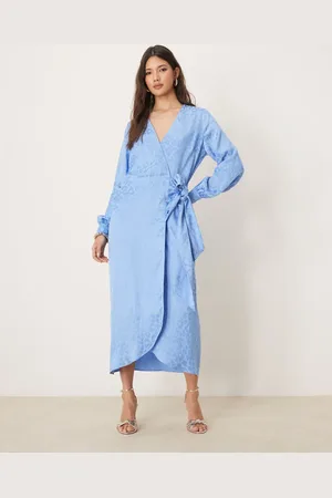 Never Fully Dressed Satin embossed wrap midaxi dress in powder