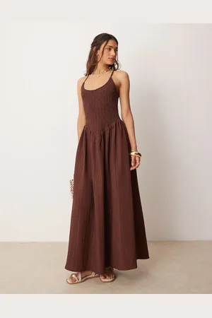 ASOS Scoop neck crinkle maxi dress with cross back in chocolate