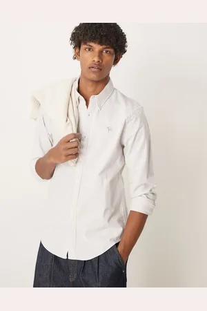 Abercrombie & Fitch Icon logo linen stripe oxford shirt in tan/grey