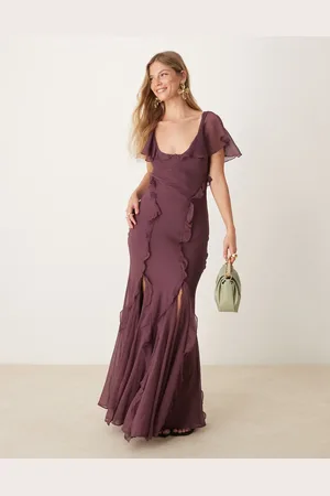 ASOS Flutter sleeve ruffle godet maxi dress in aubergine