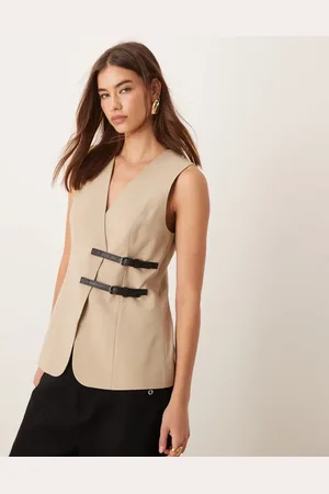 ASOS Longline waistcoat with belt detail in stone