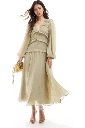 ASOS Plunge neck midi dress with ruffles in olive